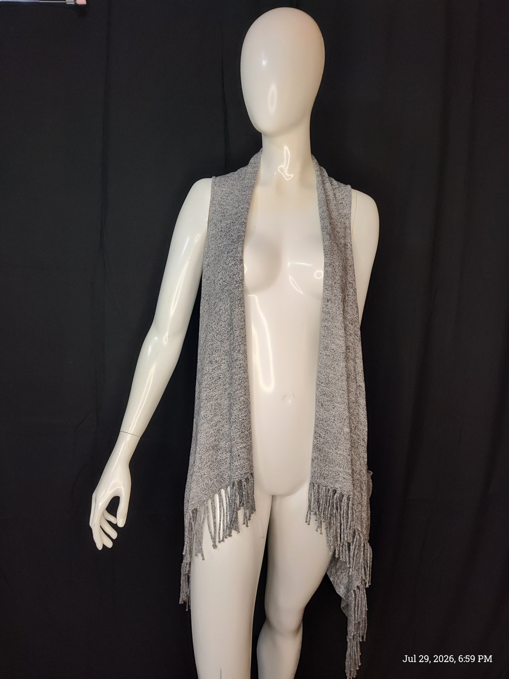 Chelsea & Theodore Gray Cotton Open-Front Fringe Cover Knit Vest